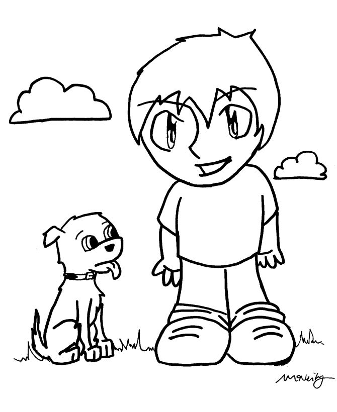 Anime Boy and Dog | Anime Coloring Page