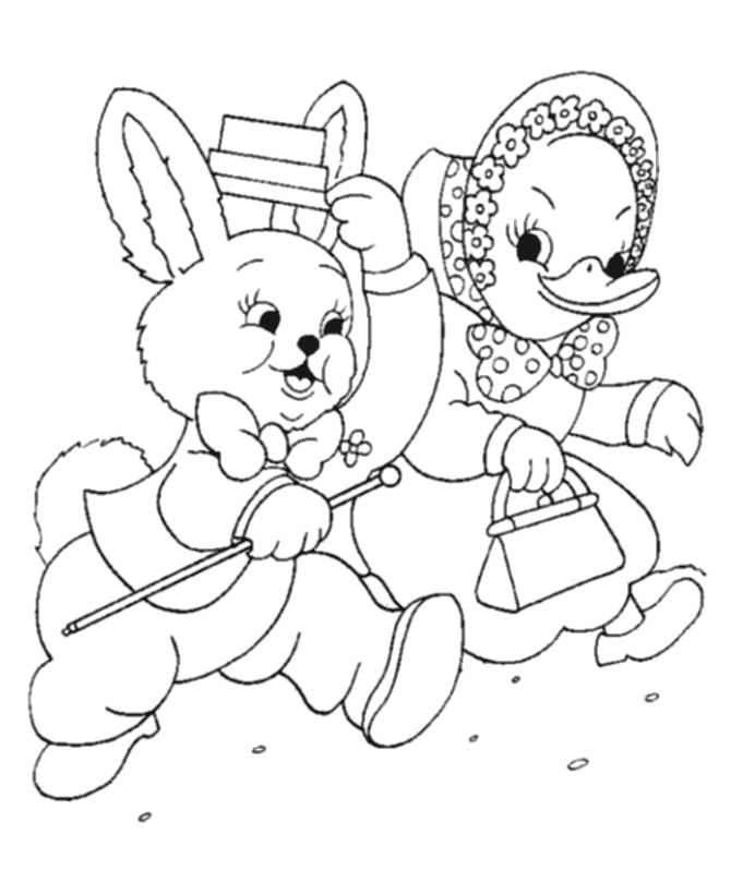 Easter Ducks Coloring page | Mr. Bunny and Mrs. Duck all dressed up for Easter