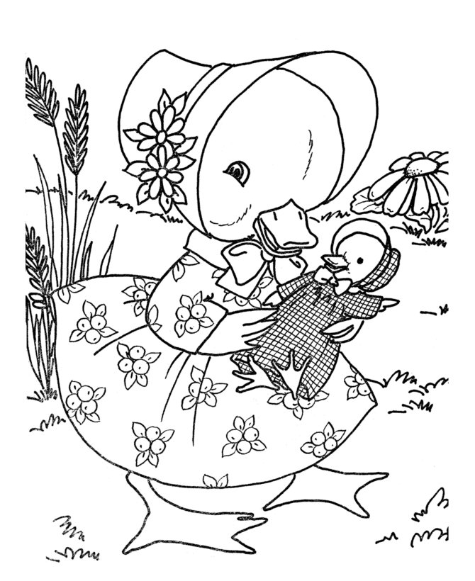Easter Ducks Coloring page | Mrs. Duck and baby duck all dressed up for Easter