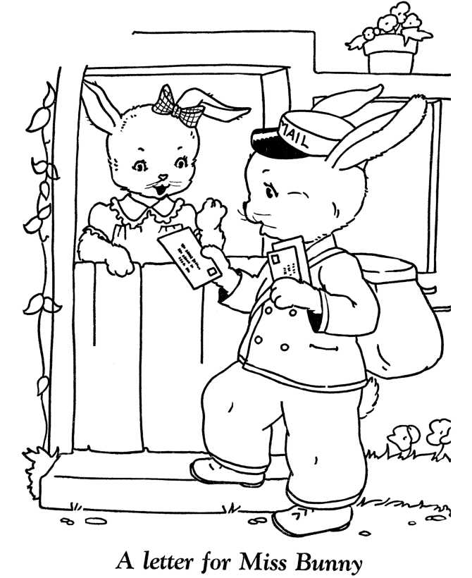 Easter Kids Fun Coloring page | bunny mailman, delivering a easter card