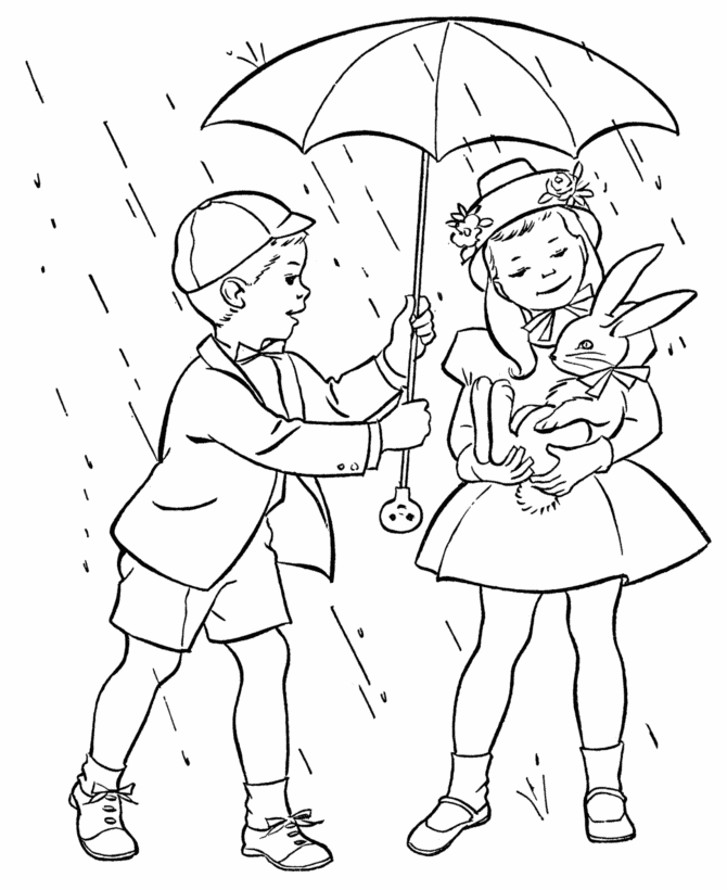 Easter Kids Fun Coloring page |  pet easter bunny in the rain