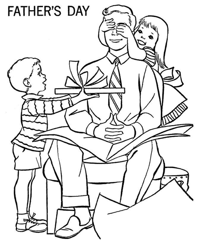 Son and Daughter give Dad a present on Father's Day | Fathers Day Coloring Page