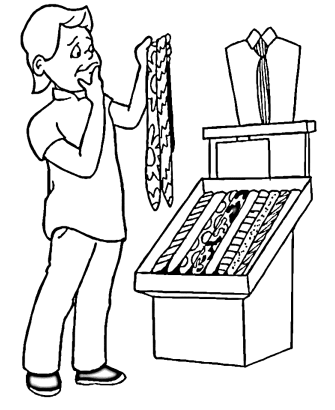 Son selecting a new tie from the store | Fathers Day Coloring Page