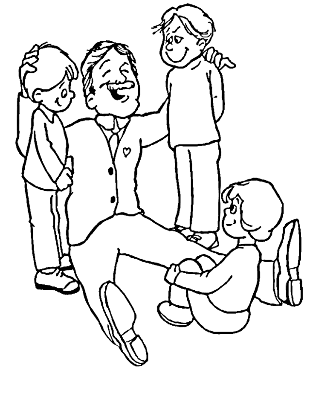 Dad with loving children | Fathers Day Coloring Page