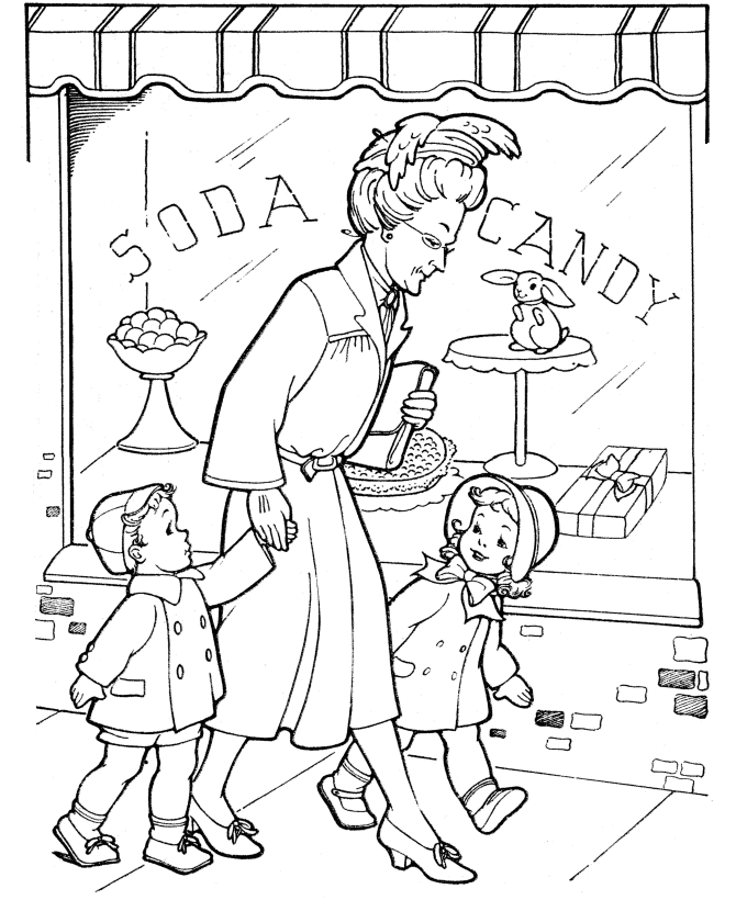 Grandparents Coloring page - Grandma takes us shopping