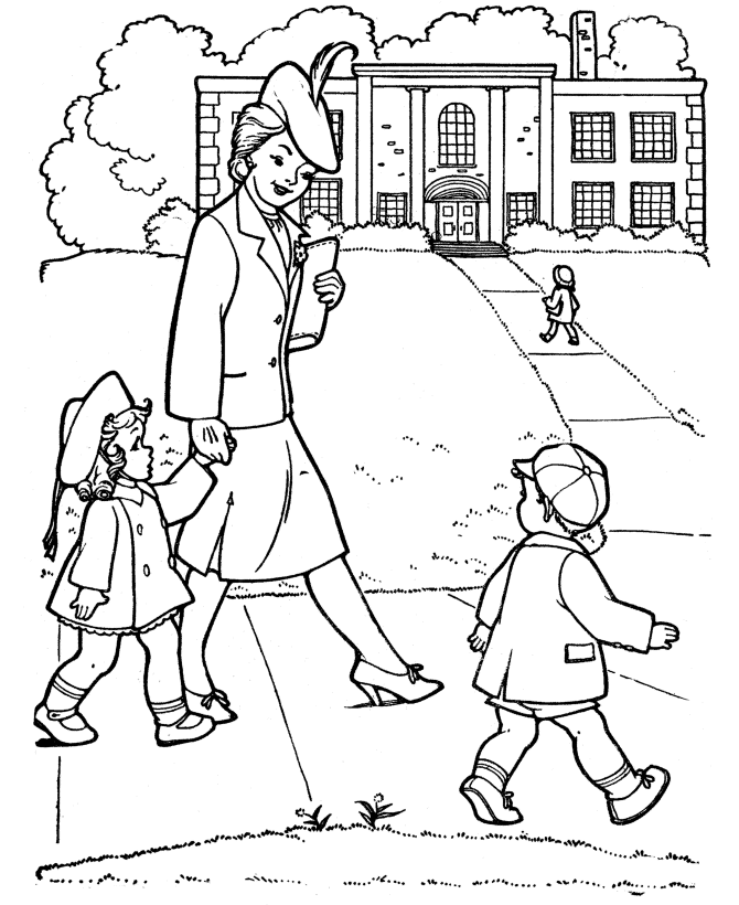 Grandparents Coloring page - Grandmother takes us to school