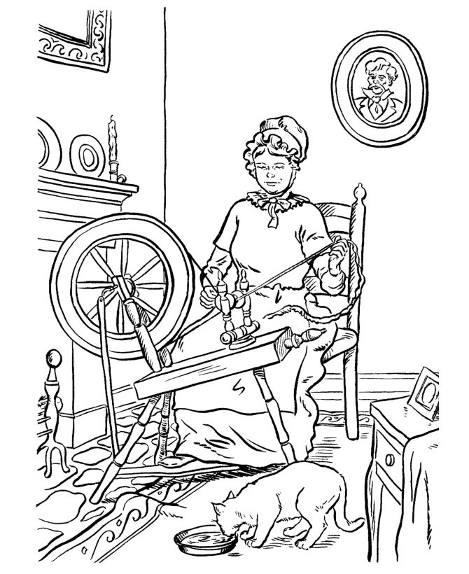 Grandma spinning yarn Coloring page