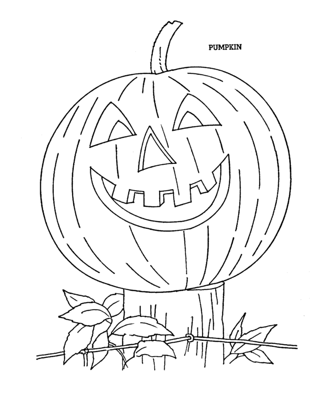 Smiling Pumpkin on a fencepost Halloween Coloring page