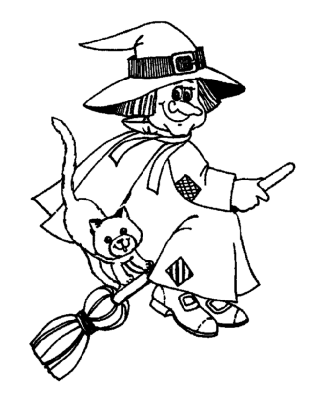 Witch and Cat Broomstick Coloring pages