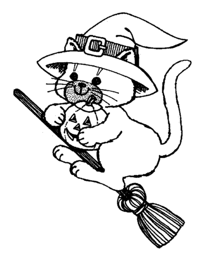 Halloween Witch Coloring Page Cat in a Witch hat Free Printable