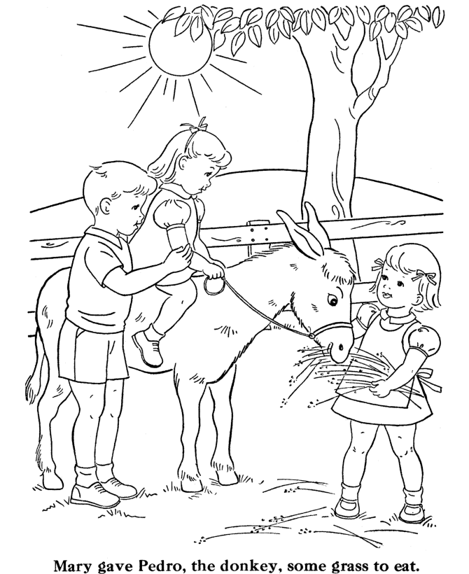 Kids Coloring Pages  Children riding a Donkey  Free Printable Kids 