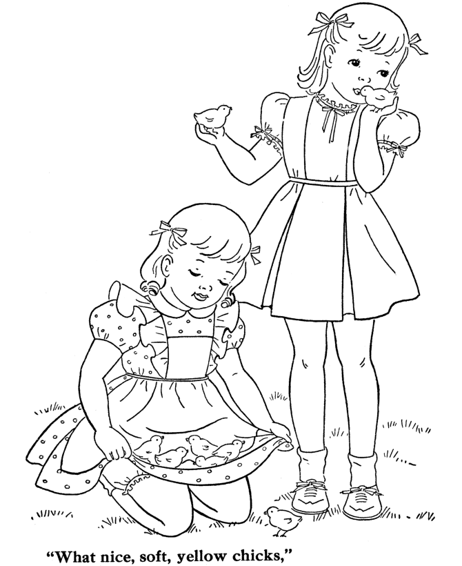 BlueBonkers: Girl Coloring Pages - Girls with baby chicks - Free