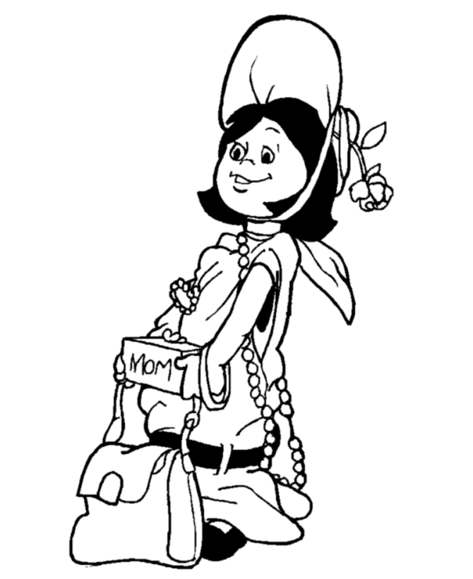 Little girl, dressed like Mom, carrying a present | Mother's Day Coloring Page