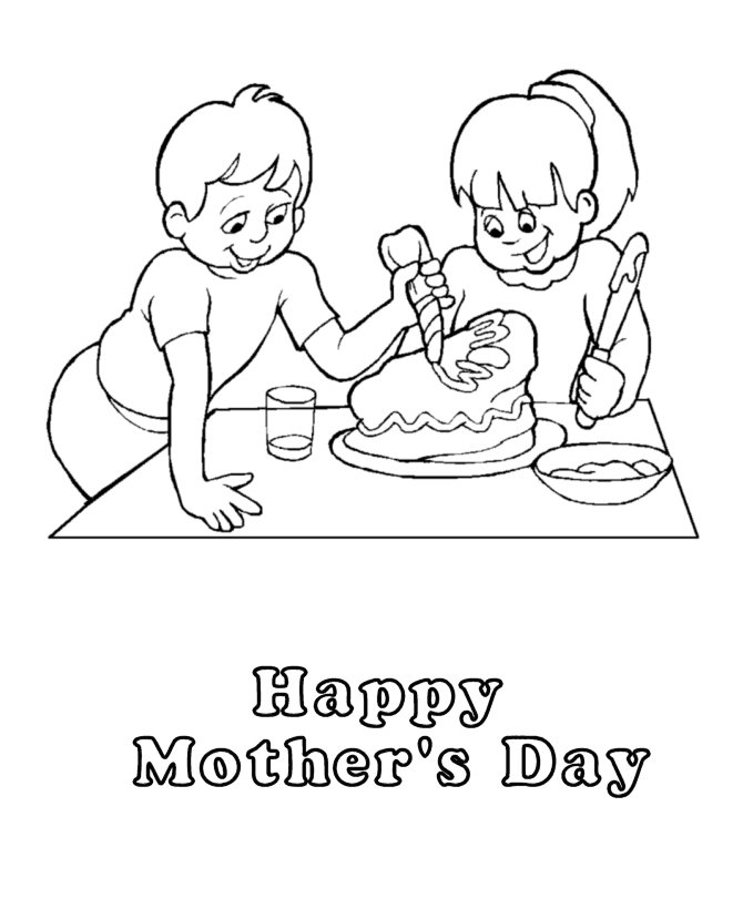 Kids making a Mother's Day cake | Mother's Day Coloring Page
