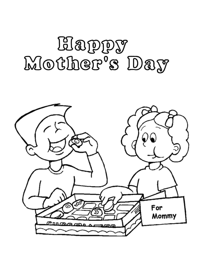 Boy and Girl eating Mother's Day chocolates | Mother's Day Coloring Page