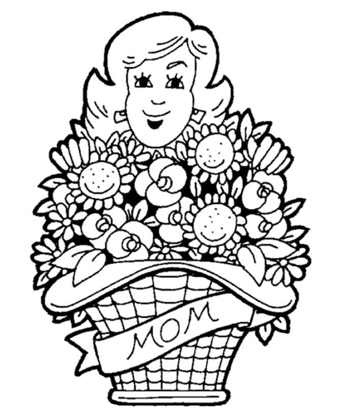 Mom with Mother's Day basket of flowers | Mother's Day Coloring Page