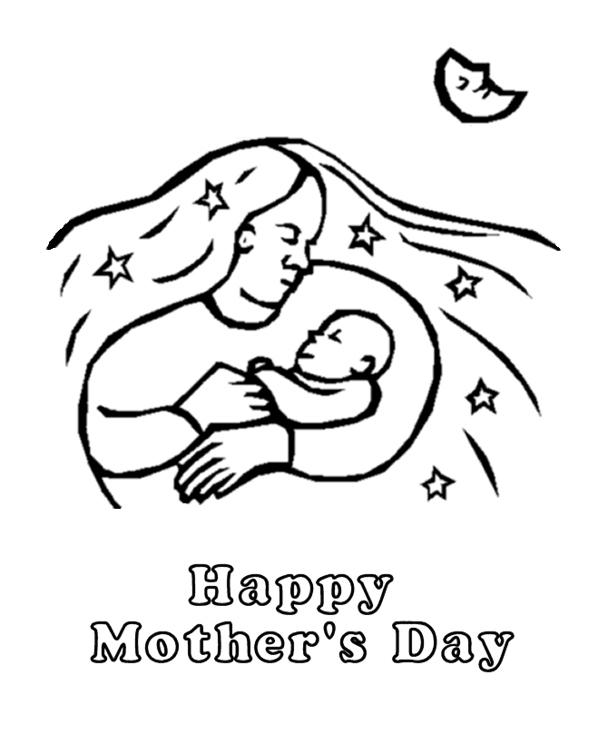 Mother and baby with stars and moon | Mother's Day Coloring Page
