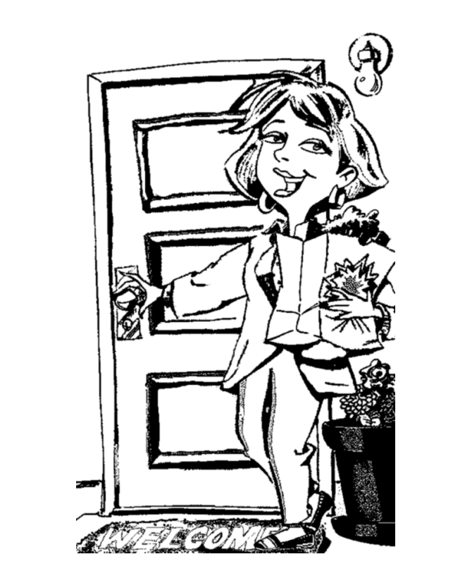 Mother w/ groceries at front door | Mother's Day Coloring Page
