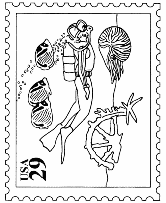 Reef Diving Postage Stamp Coloring Pages 