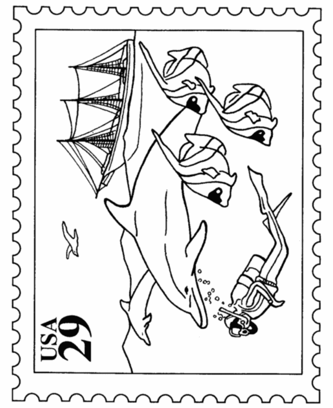 Dolphins and Fish Stamp Coloring Pages 