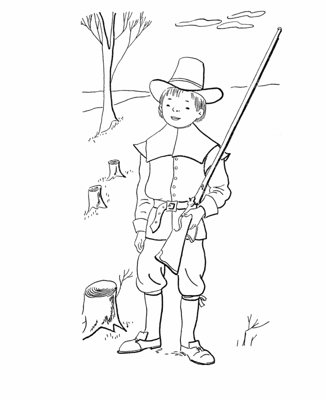 Thanksgiving Day Pilgrim hunter boy Coloring page