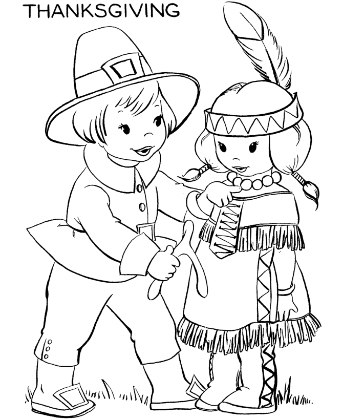 Thanksgiving Day Coloring Page Sheets - Pilgrim boy with a turkey