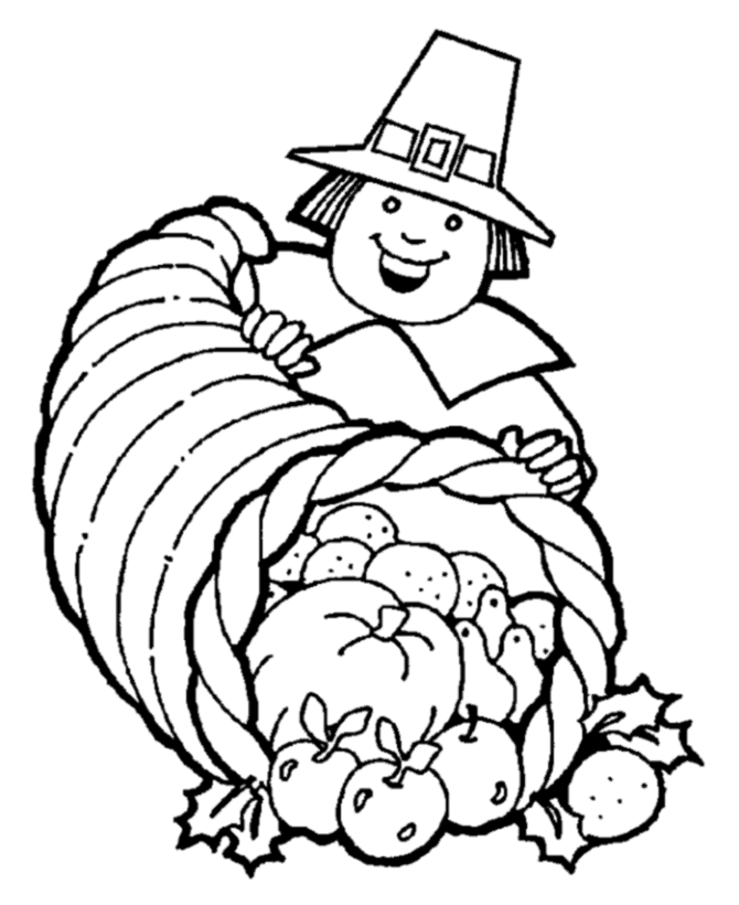 Thanksgiving Day Coloring page - Cornucopia 1 (Horn of Plenty) with a Pilgrim