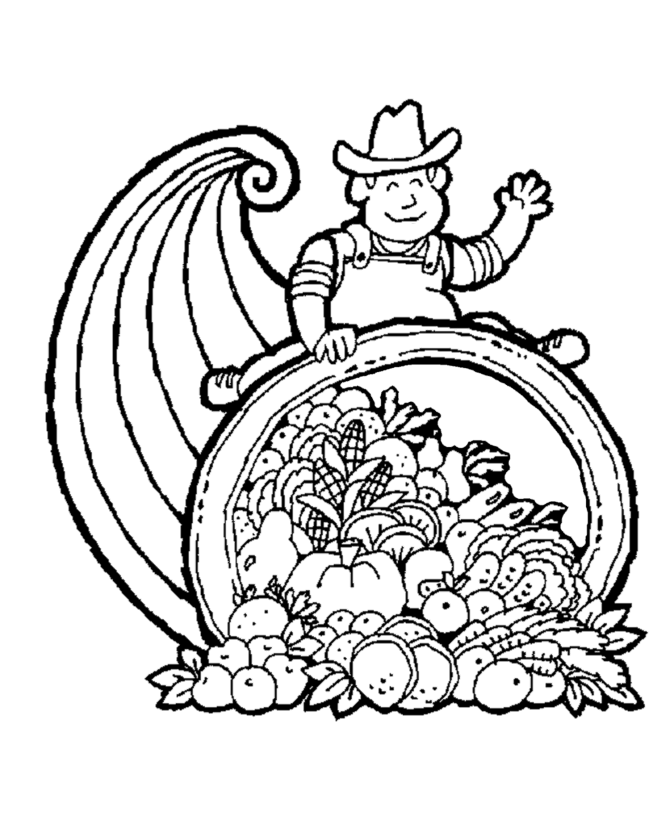 Cornucopia 2 (Horn of Plenty) with a Farmer - Thanksgiving Day Coloring page