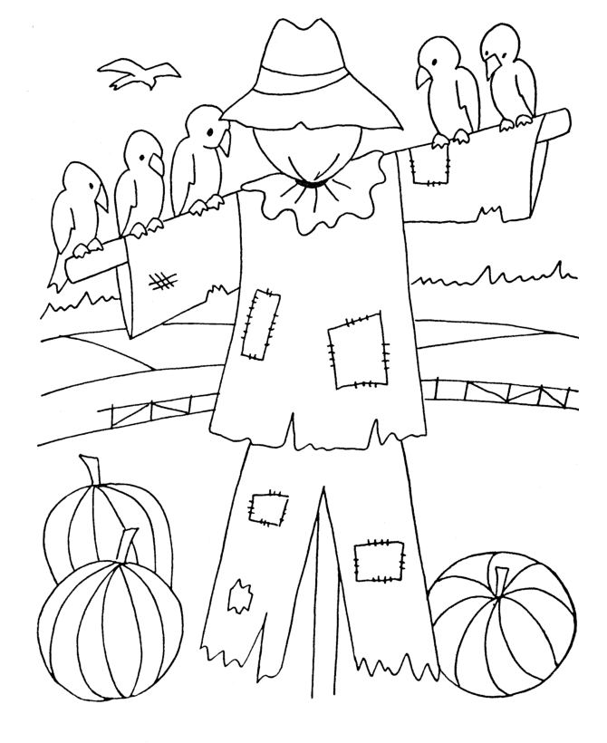 Scarecrow with Pumpkins - Thanksgiving Day Coloring page