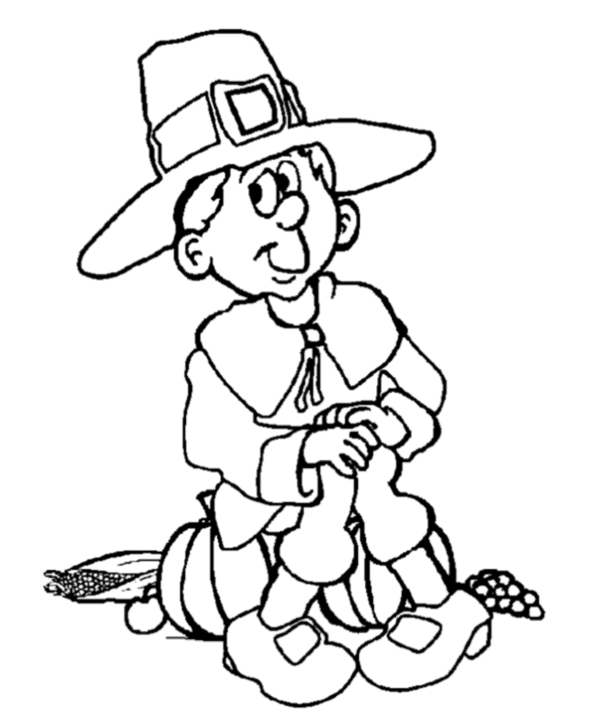 Pilgrim man sitting on Pumpkin - Cartoon to color