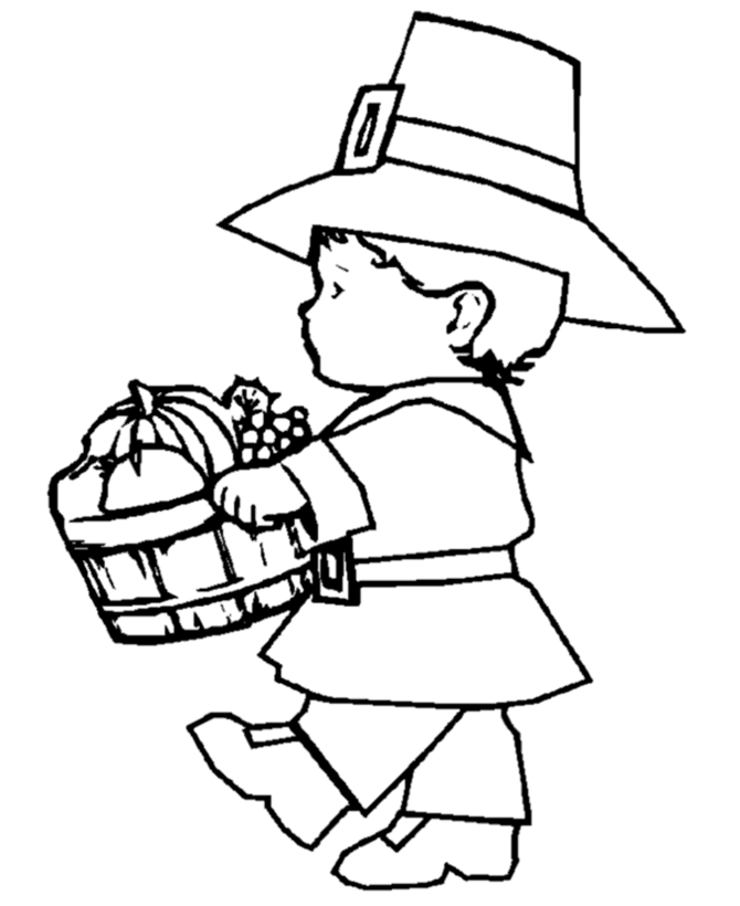 Thanksgiving Day Pilgrim Boy with basket of fruit Coloring page