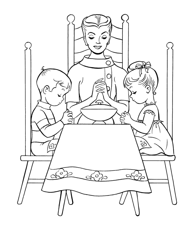  Mom and kids say Grace - Thanksgiving Dinner Coloring page