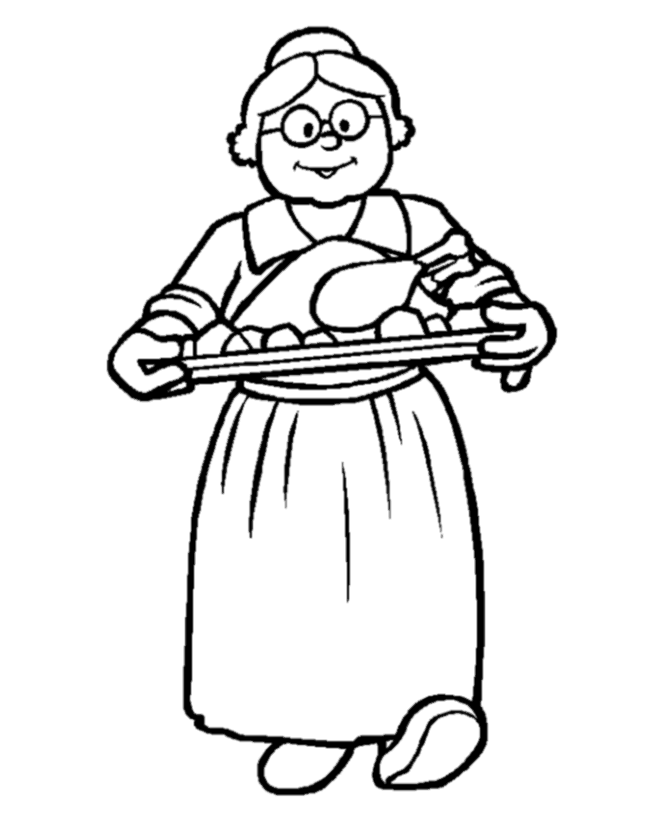  Pilgrim lady with baked turkey - Thanksgiving Dinner Coloring page