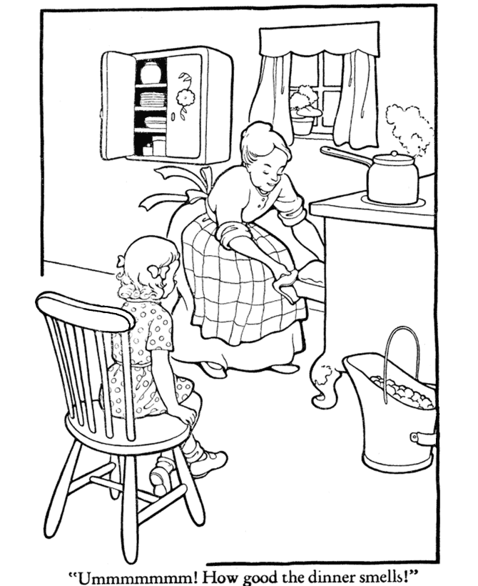  Mom and daughter baking in the kitchen - Thanksgiving Dinner Coloring page