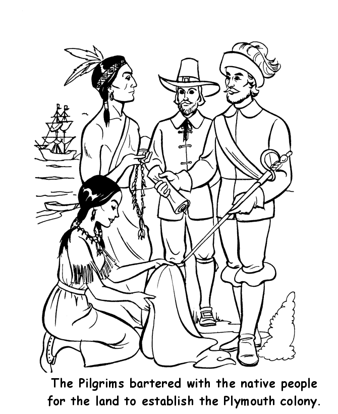 Pilgrim Thanksgiving Coloring page - Pilgrims trading for land