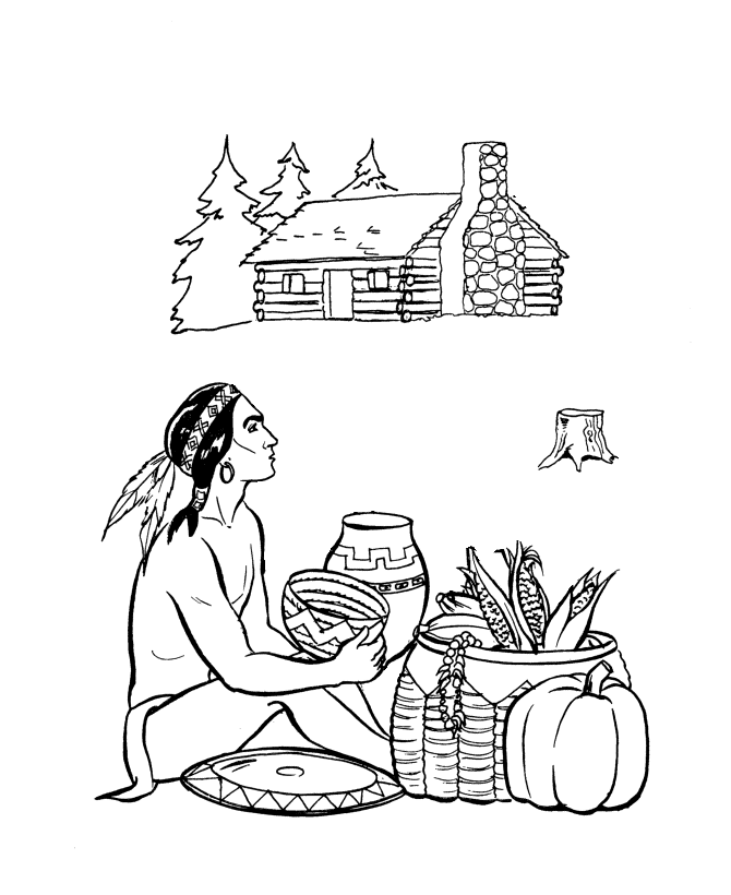 Pilgrim Thanksgiving Coloring page - Native Americans traded food