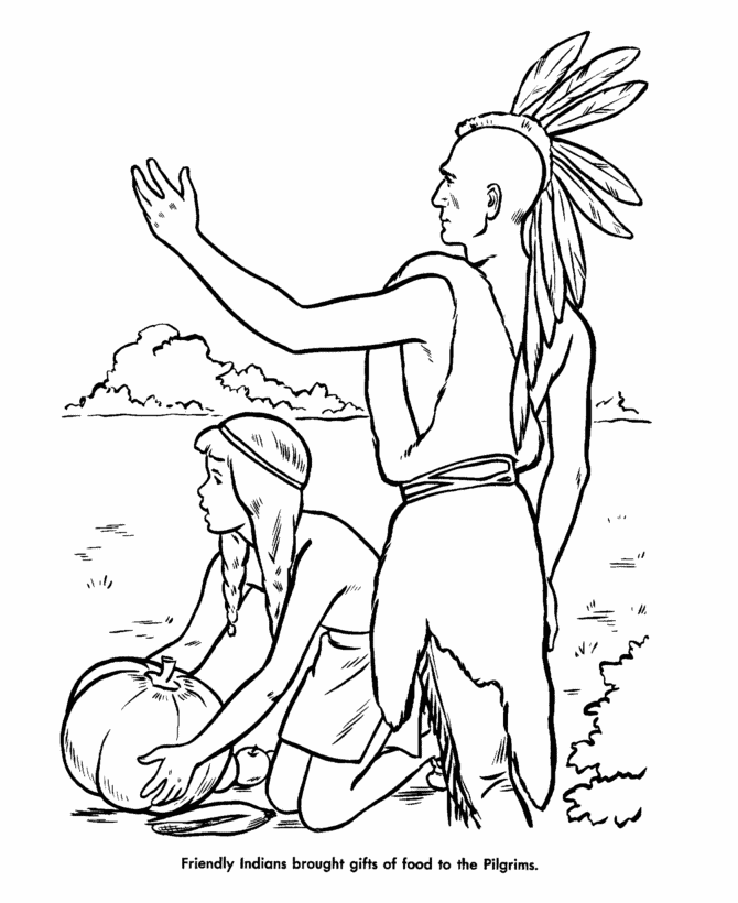 Native Americans joining the Thanksgiving feast Coloring page