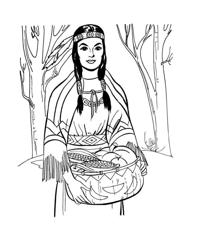 Pilgrim Thanksgiving Coloring page - Native American woman bringing food