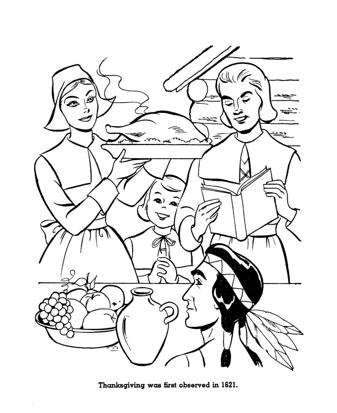 First Thanksgiving feast - Pilgrim Thanksgiving Coloring page