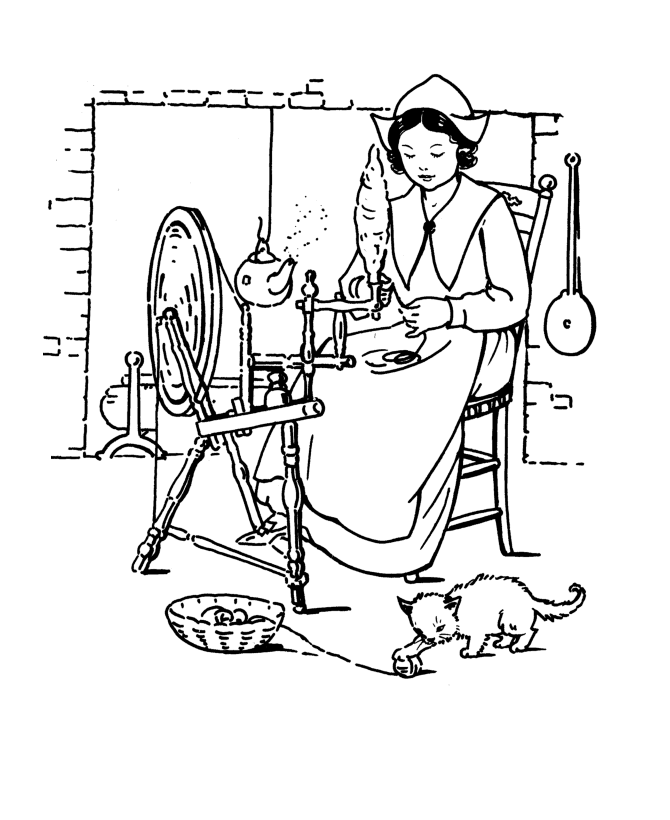Pilgrim girl spinning yarn Coloring page