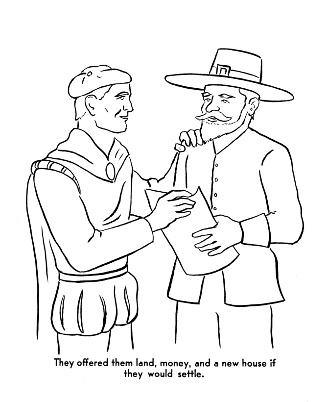 Trading company offers the Pilgrims a plan - Pilgrims Story of First Thanksgiving Coloring page