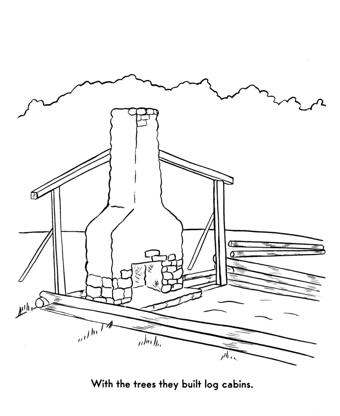  Pilgrims built log cabins - Pilgrims Story of First Thanksgiving Coloring page
