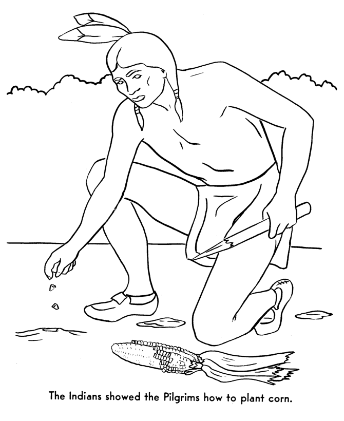  Pilgrims learn how to plant corn - Pilgrims Story of First Thanksgiving Coloring page