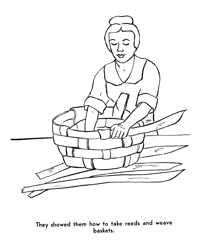  Pilgrims learn how to weave baskets - Pilgrims Story of First Thanksgiving Coloring page