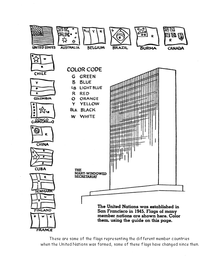 UN Secretariat Building and flags Coloring page