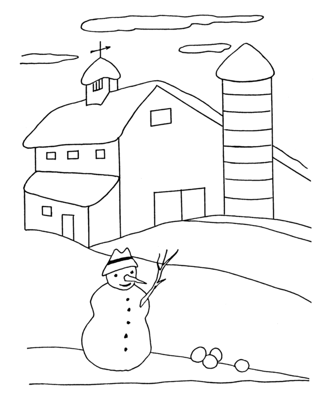 Snowman and Barn in Winter coloring page