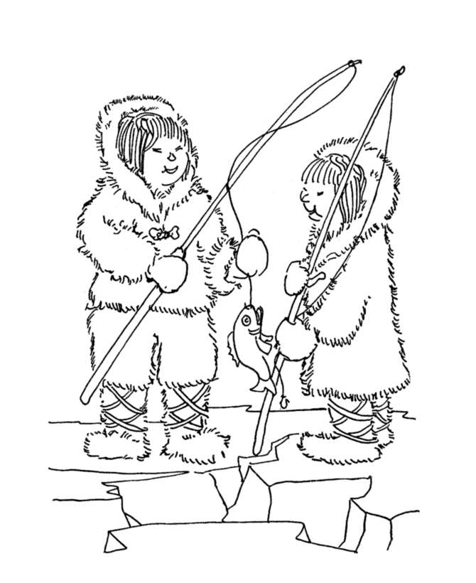 Eskimos ice fishing coloring page
