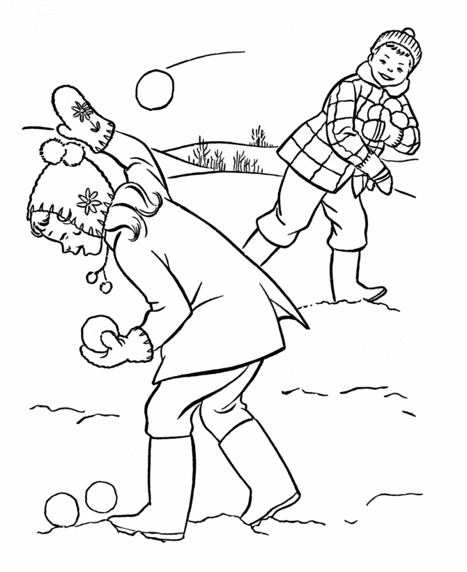 Boy and Girl having a showball fight coloring page