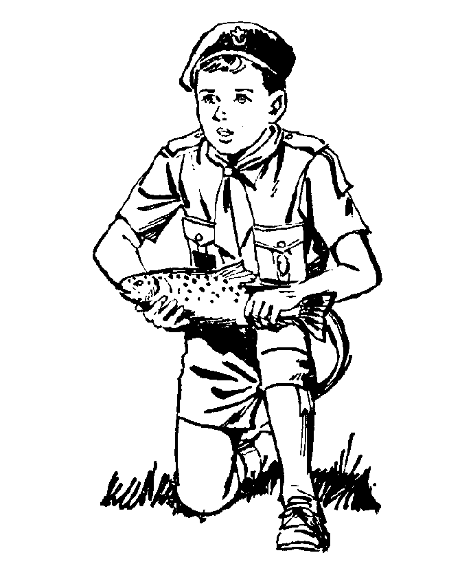 Scout displays fish he caught in a stream